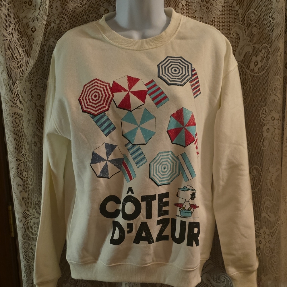 New Peanuts Snoopy Women's Size‎ XS Côte d'Azur Graphic Cream Sweatshirt